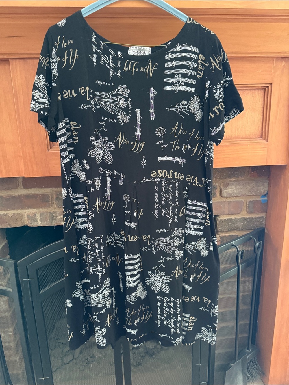 Vintage 90s Garron Resort Black Script & Floral Short Sleeve Dress Mini Rayon L